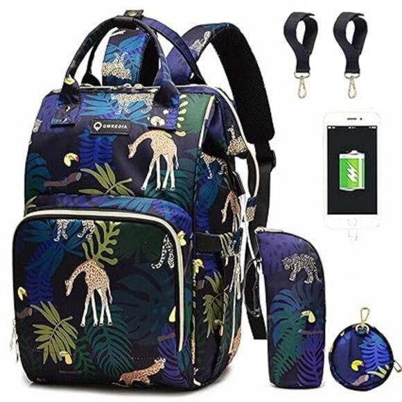 Diaper Bag Backpack, Animal Print Travel Nappy Bag with USB Charging Port